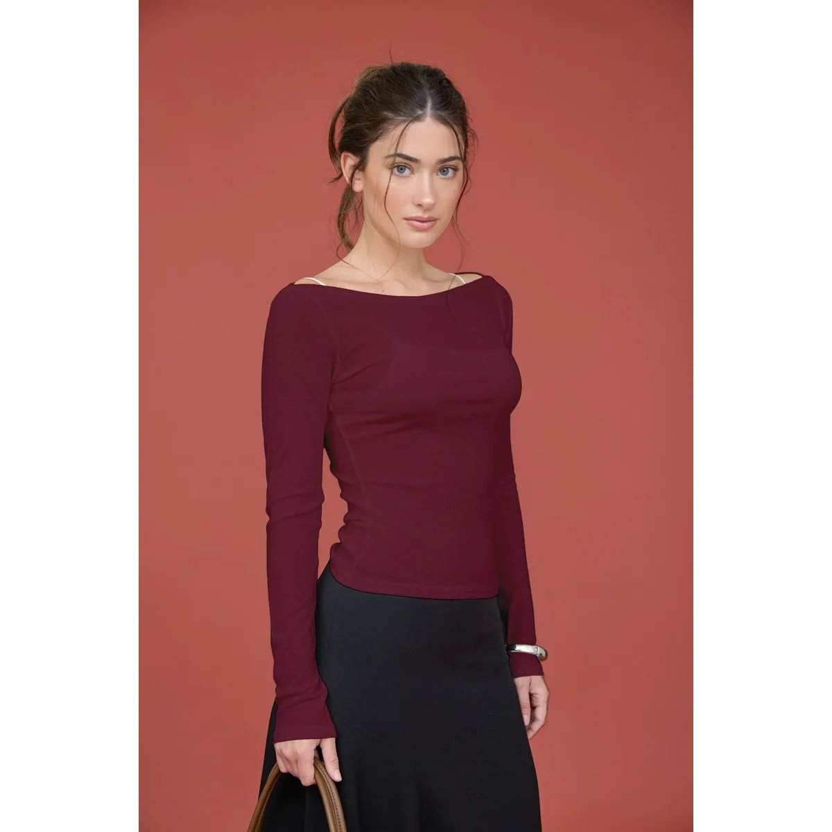 Blusa Manga Larga Escote Barco Ajustada Elegante para Mujer - Image 17