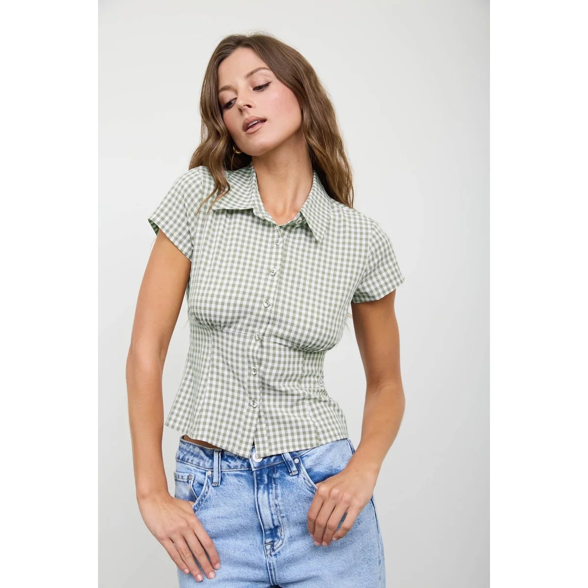 Blusa Cuadros Gingham con Corset Integrado Estilo Vintage para Mujer - Image 11