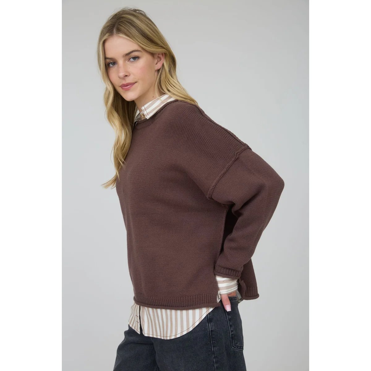 Suéter Oversize de Punto Acanalado Color Chocolate para Mujer - Image 42