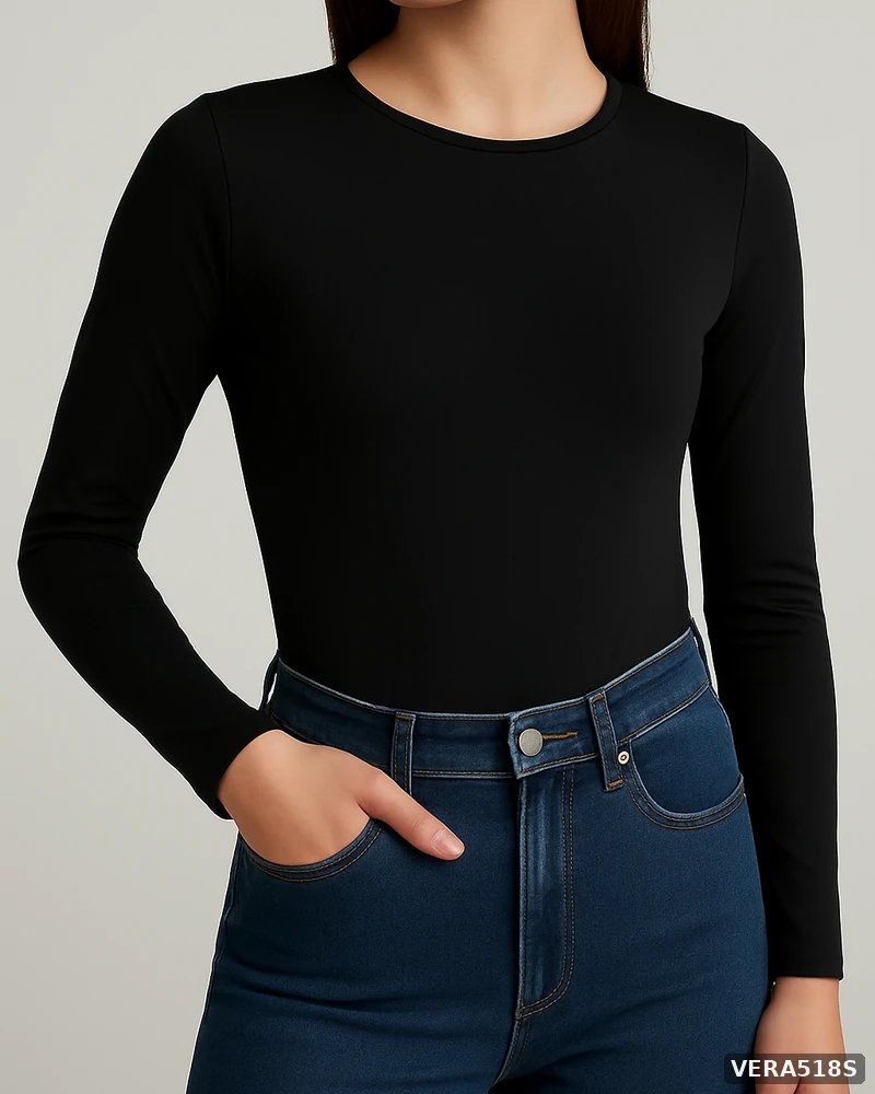 Body de Manga Larga Ajustado Color Negro Basico para Mujer - Image 3