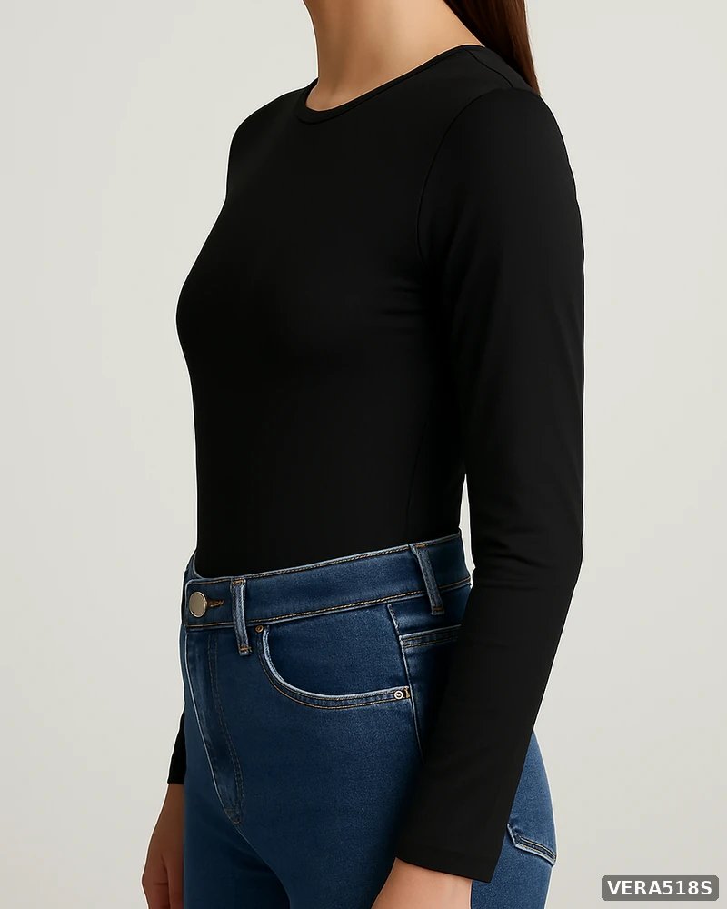 Body de Manga Larga Ajustado Color Negro Basico para Mujer - Image 5