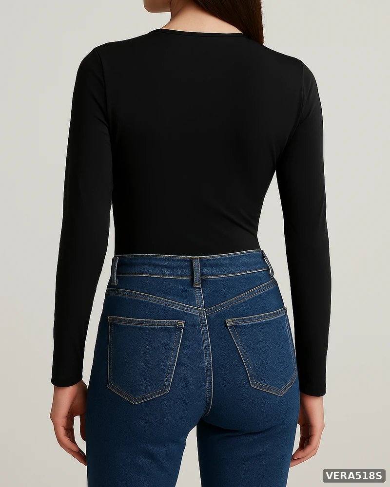 Body de Manga Larga Ajustado Color Negro Basico para Mujer - Image 7