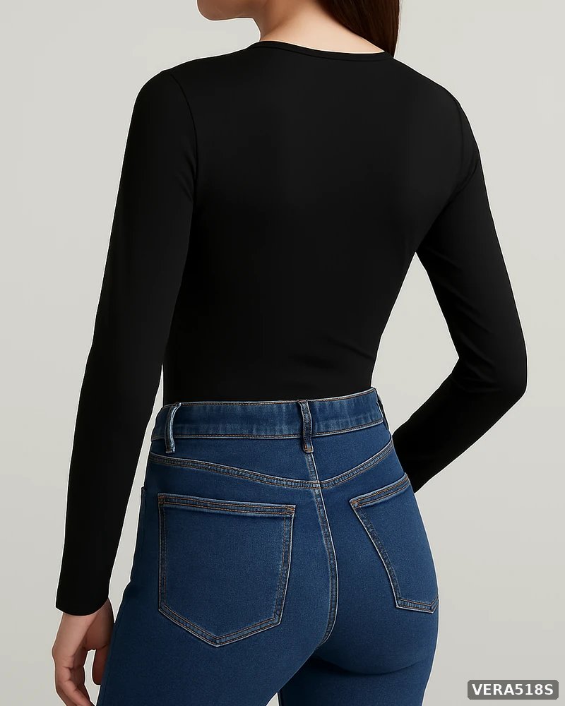 Body de Manga Larga Ajustado Color Negro Basico para Mujer - Image 8