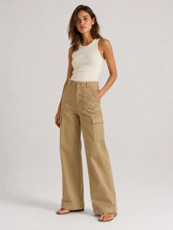 Pantalon Cargo Wide Leg de Tiro Alto para Mujer Estilo Militar