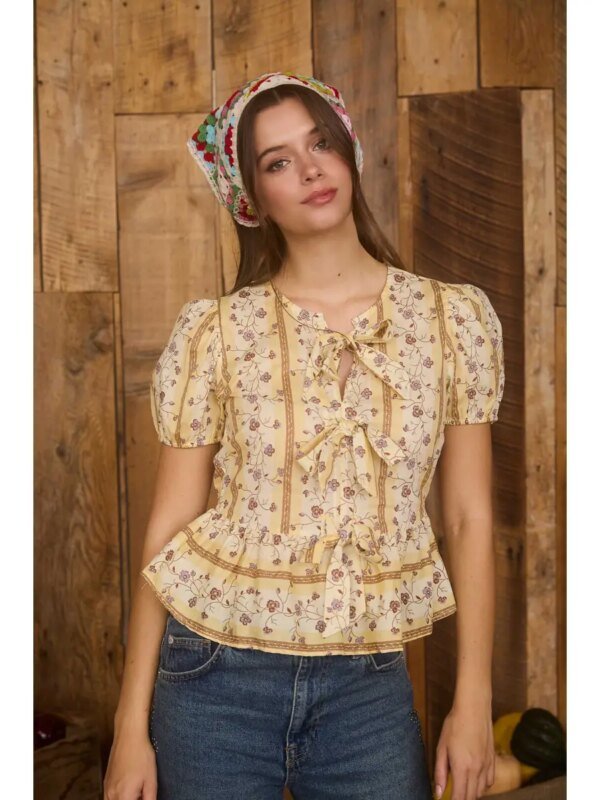 Blusa Floral Estilo Campestre con Lazo y Volantes para Mujer