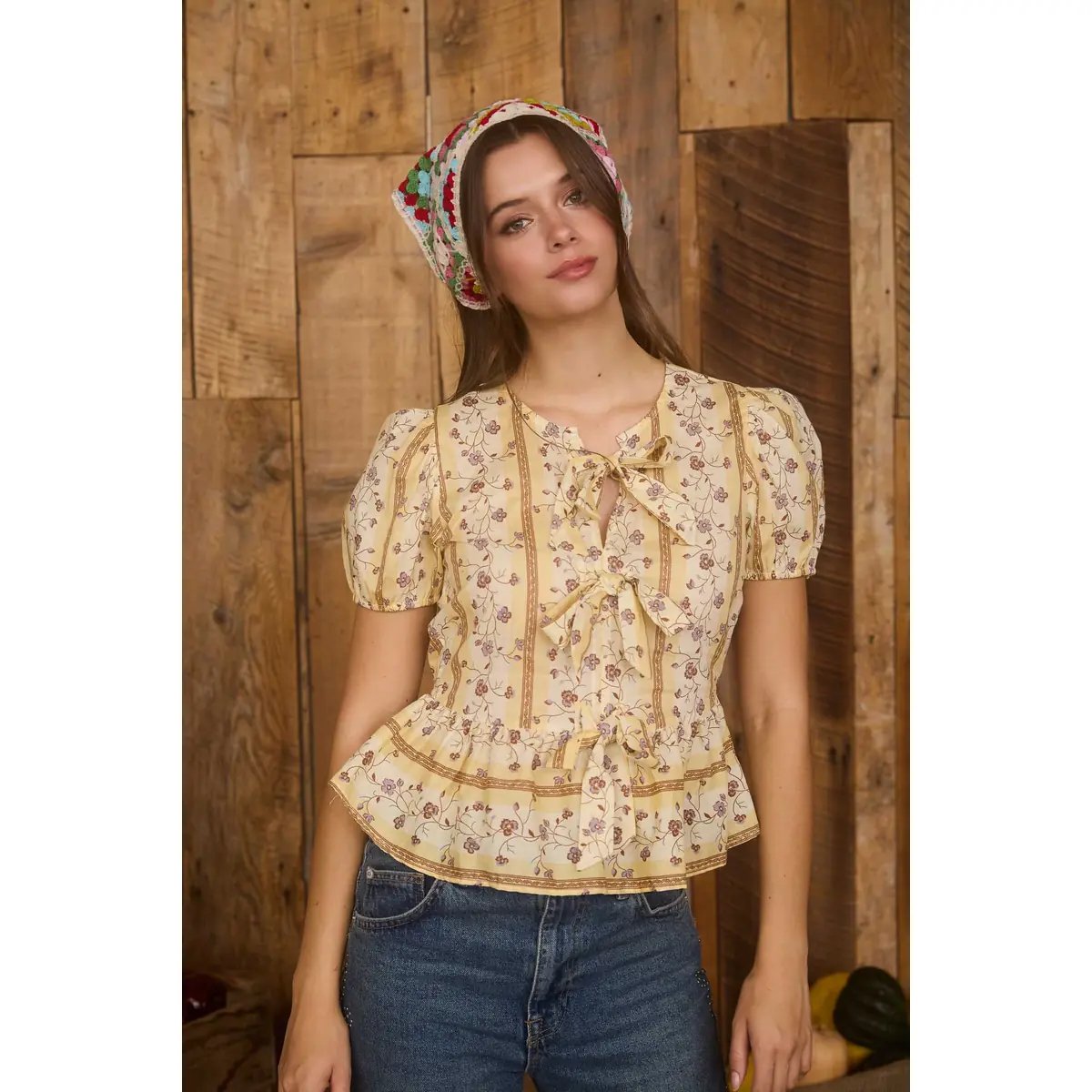 Blusa Floral Estilo Campestre con Lazo y Volantes para Mujer