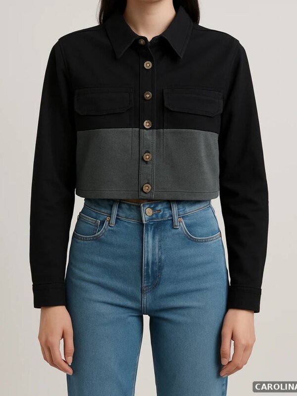 Chamarra Cropped Bicolor Negro y Gris con Botones para Mujer