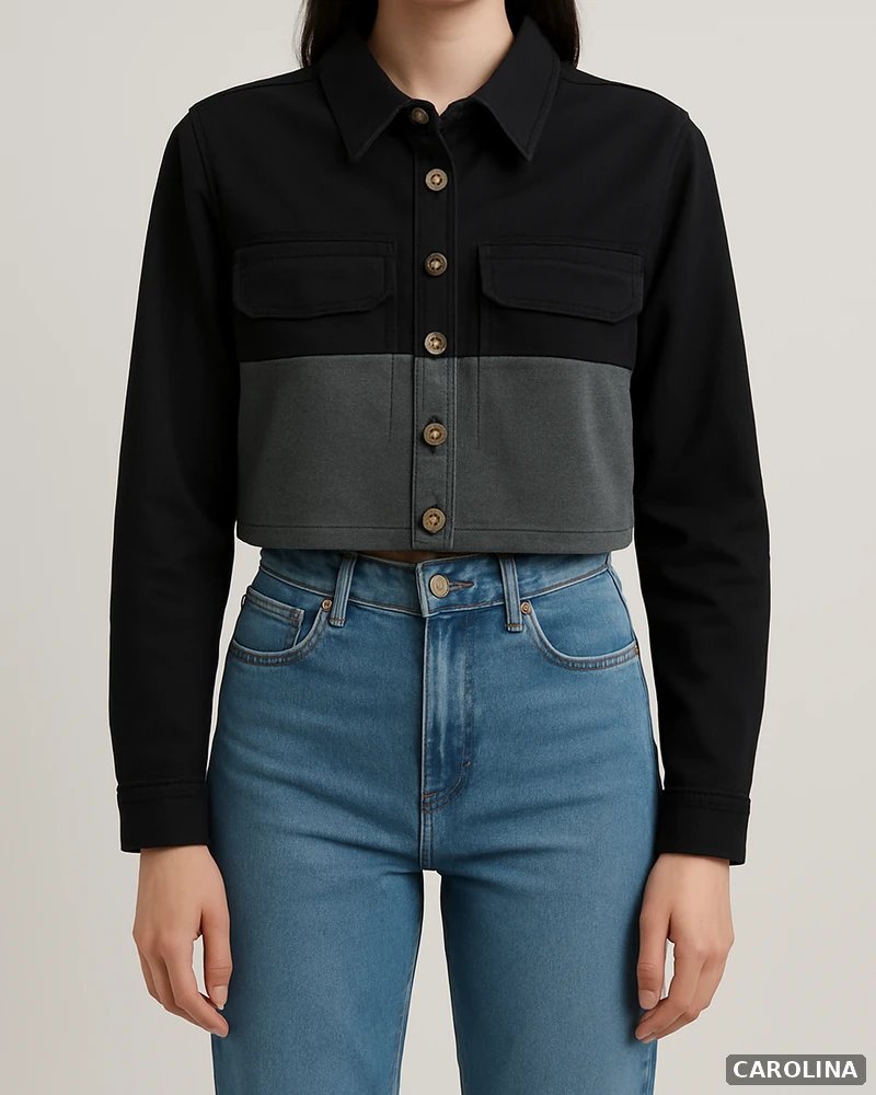 Chamarra Cropped Bicolor Negro y Gris con Botones para Mujer