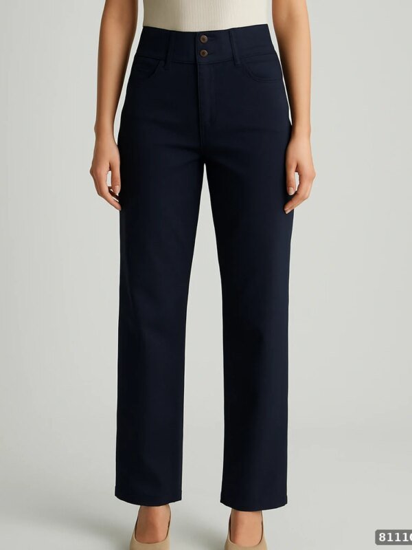 Pantalon Recto de Tiro Alto en Azul Marino Elegante para Mujer