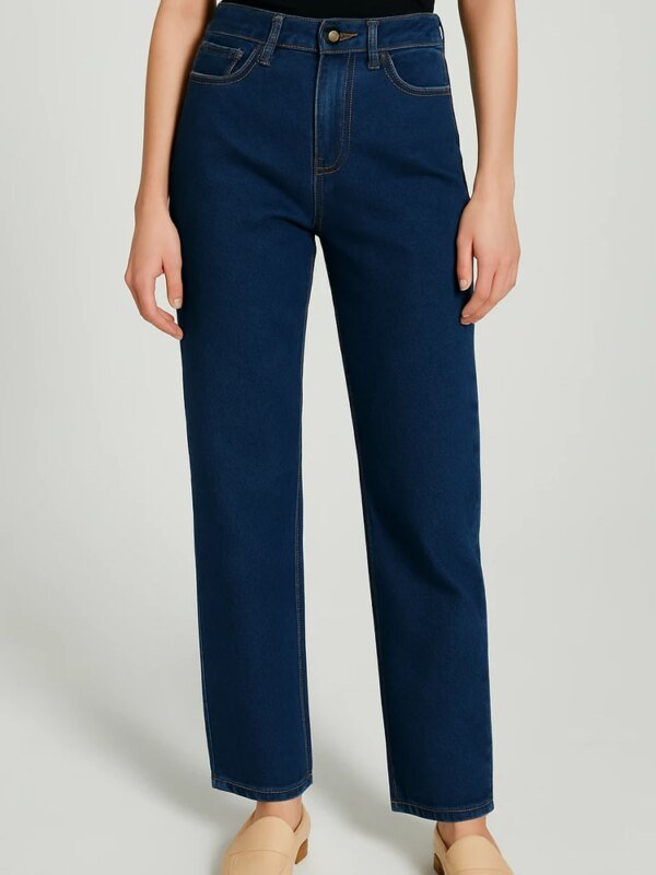 Jeans Rectos de Tiro Alto en Mezclilla Azul Oscuro para Mujer