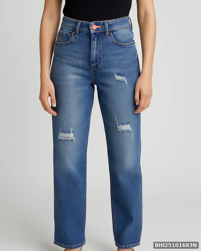Jeans Straight Fit de Mezclilla Azul con Roturas para Mujer