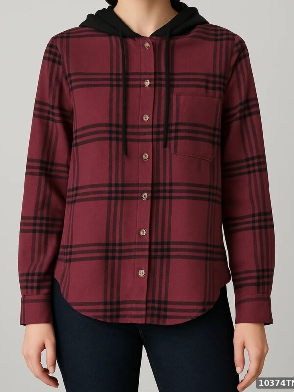 Camisa Franela a Cuadros con Capucha Desmontable para Mujer