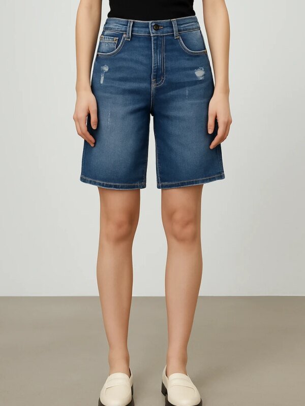 Bermuda Mujer Tiro Alto en Mezclilla Azul Medio Estilo Casual Chic