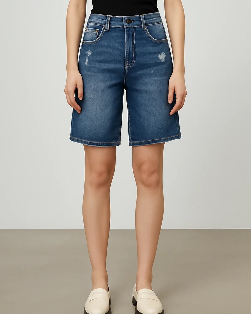 Bermuda Mujer Tiro Alto en Mezclilla Azul Medio Estilo Casual Chic