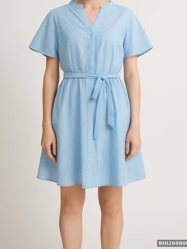 Vestido Camisero Azul Cielo con Bordado Floral y Cinturon para Mujer
