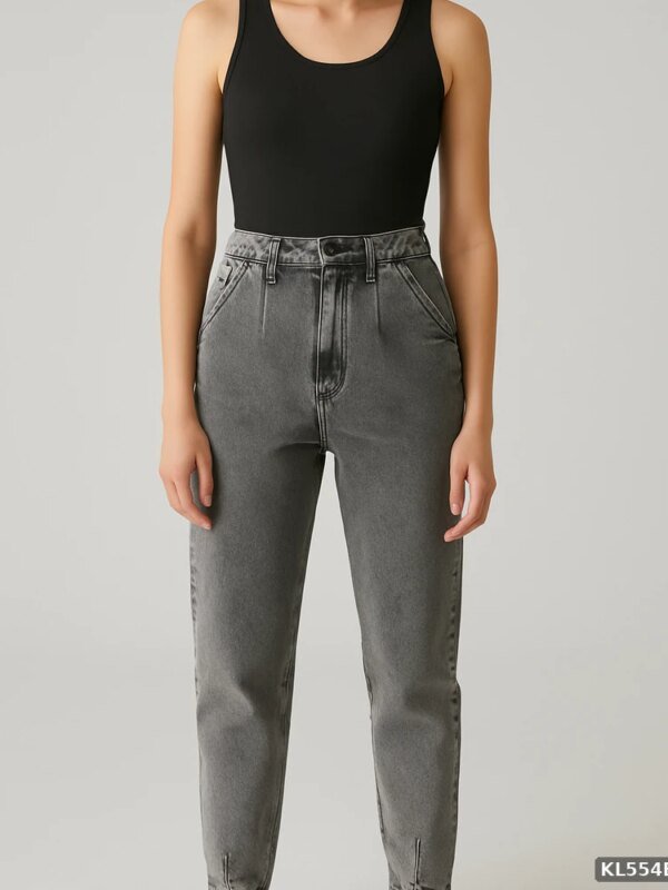 Pantalon Mom Jeans de Tiro Alto en Mezclilla Gris para Mujer