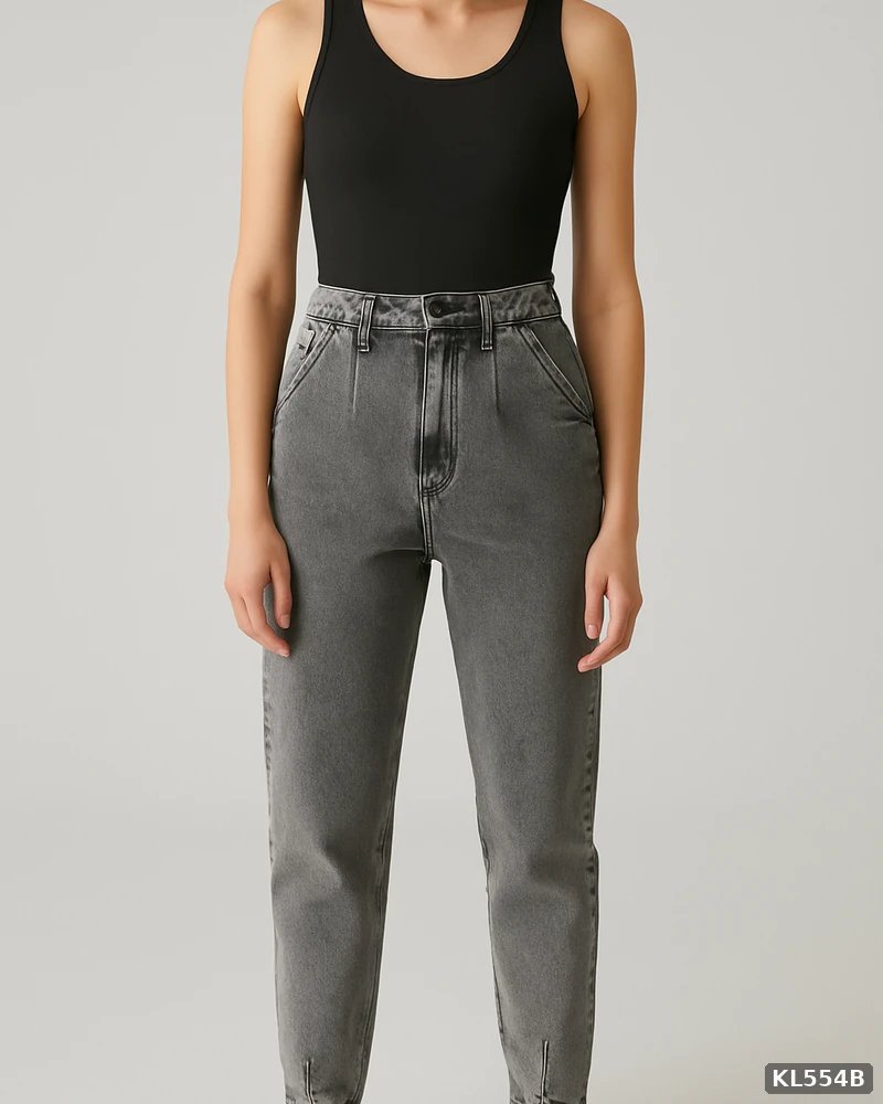 Pantalon Mom Jeans de Tiro Alto en Mezclilla Gris para Mujer