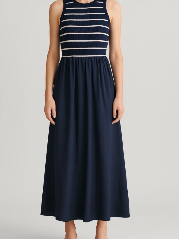 Vestido Midi Marinero con Falda Fluida y Escote Redondo para Mujer