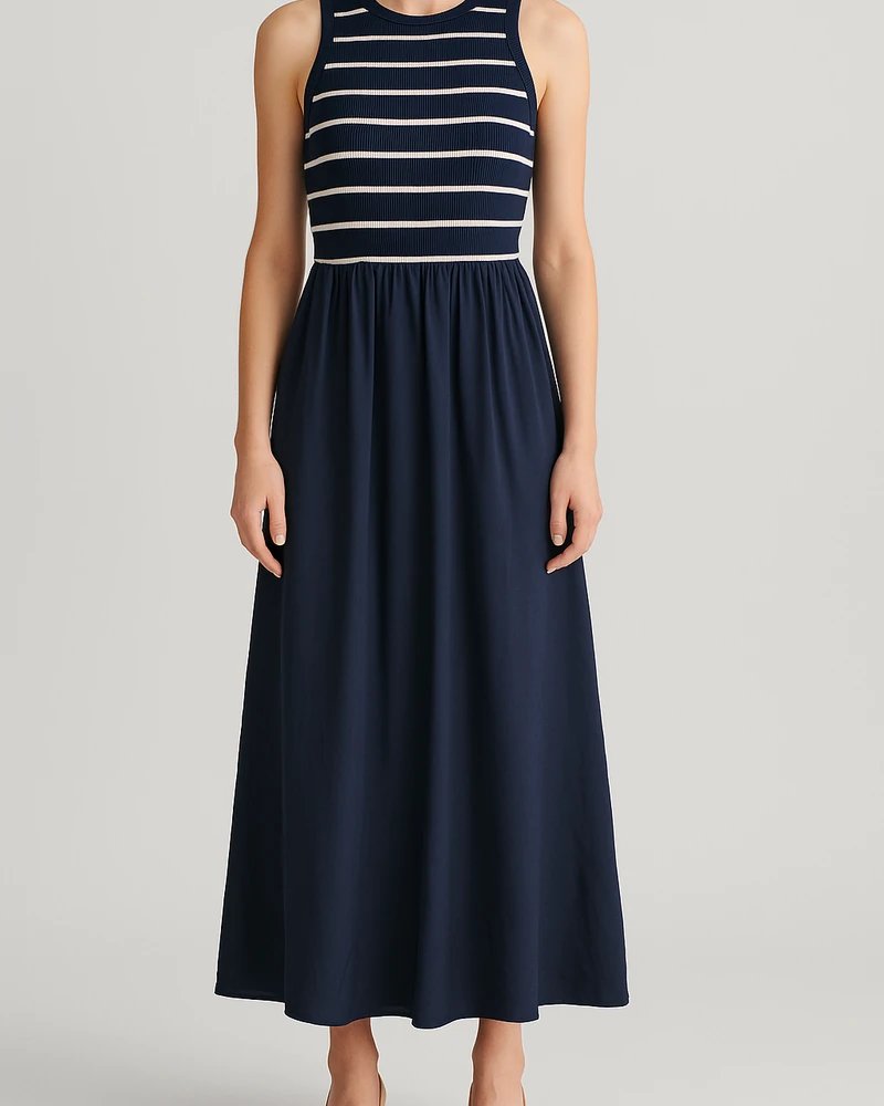 Vestido Midi Marinero con Falda Fluida y Escote Redondo para Mujer