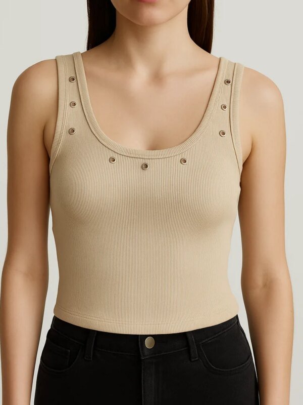 Tank Top Acanalado con Ojillos Dorados Estilo Casual para Mujer