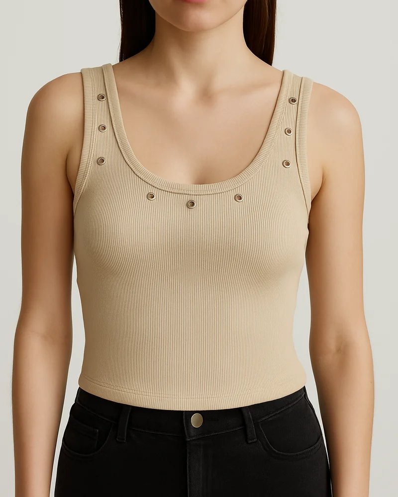 Tank Top Acanalado con Ojillos Dorados Estilo Casual para Mujer