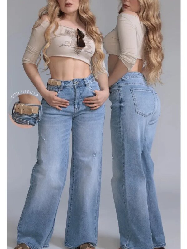 Pantalon Wide Leg de Mezclilla Clara con Cinturon para Mujer