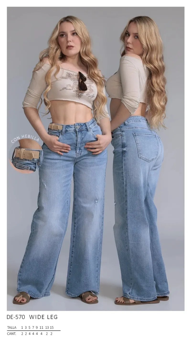 Pantalon Wide Leg de Mezclilla Clara con Cinturon para Mujer