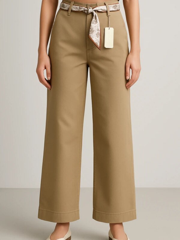 Pantalón Wide Leg Tiro Alto Caqui con Cinturón para Mujer