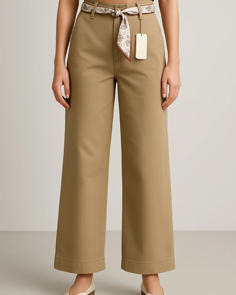 Pantalón Wide Leg Tiro Alto Caqui con Cinturón para Mujer