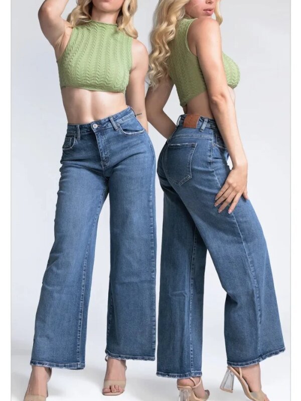 Pantalon Wide Leg de Mezclilla Azul Media para Mujer