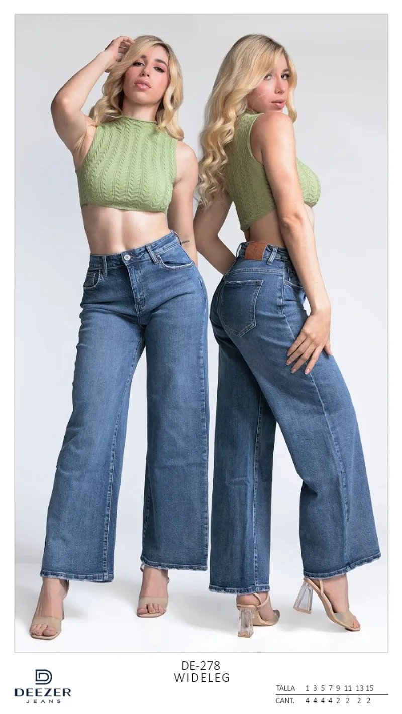 Pantalon Wide Leg de Mezclilla Azul Media para Mujer
