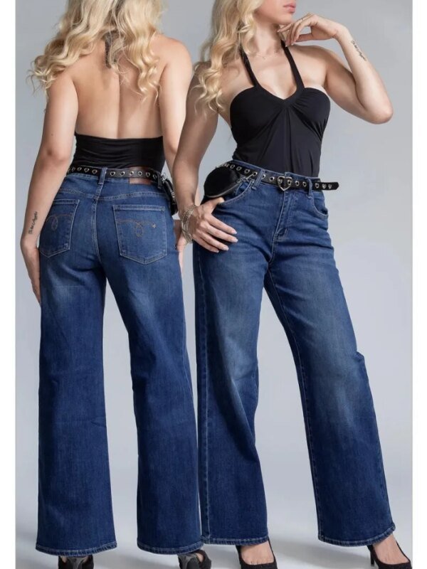 Pantalon Wide Leg de Mezclilla Azul con Cinto para Mujer