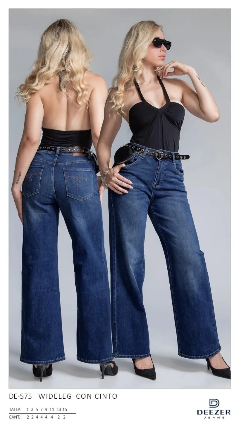 Pantalon Wide Leg de Mezclilla Azul con Cinto para Mujer