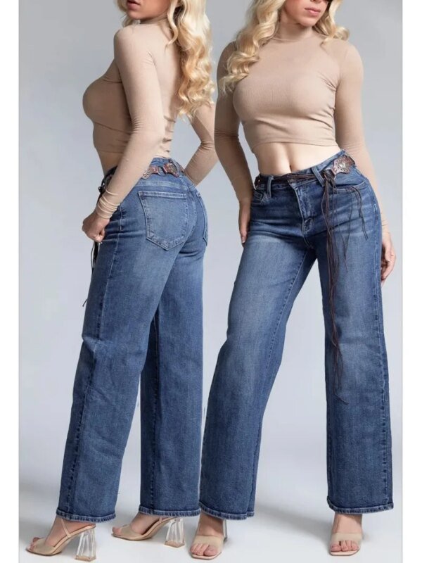 Pantalon Wide Leg de Mezclilla con Cinto Decorativo para Mujer