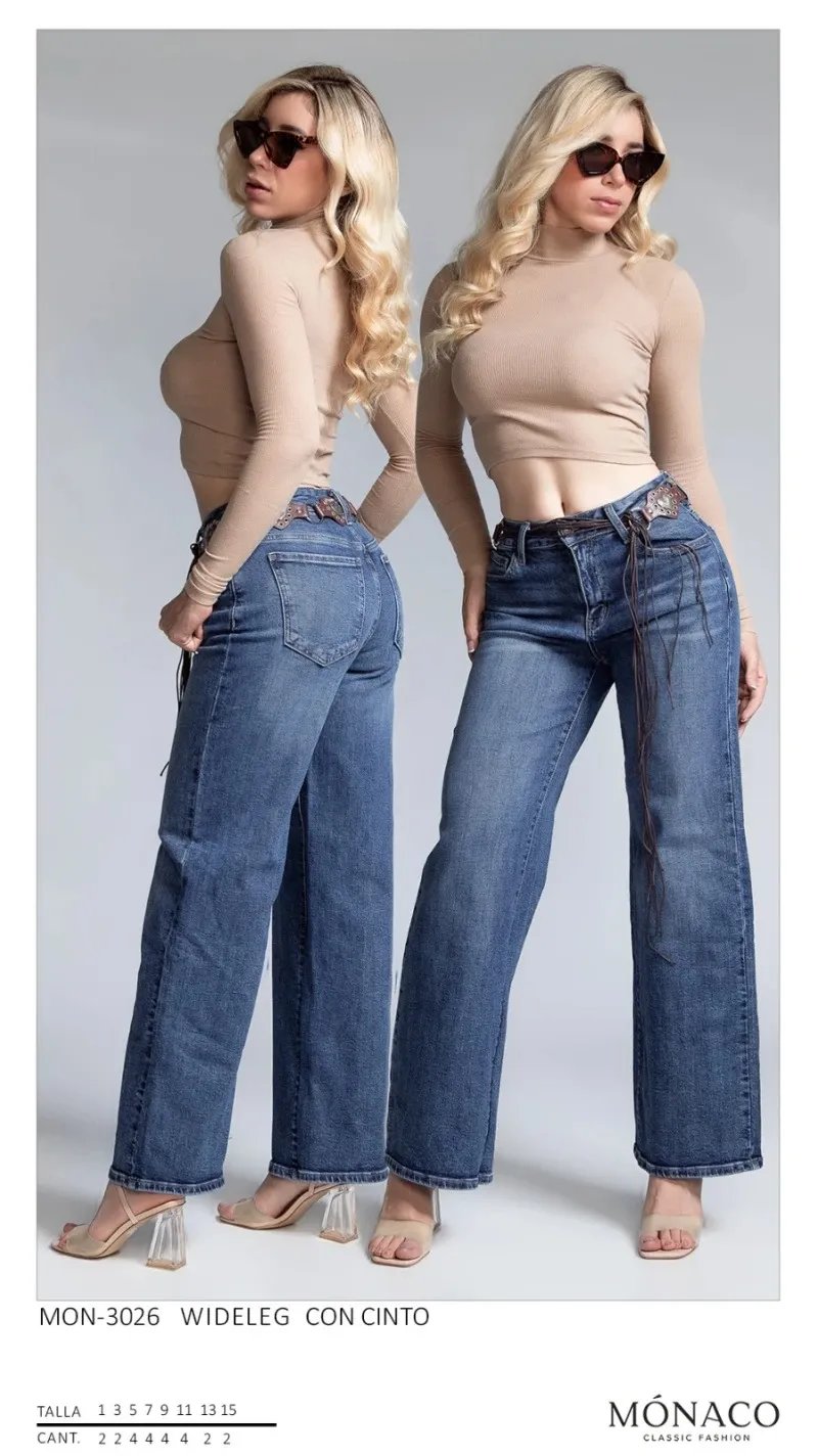 Pantalon Wide Leg de Mezclilla con Cinto Decorativo para Mujer
