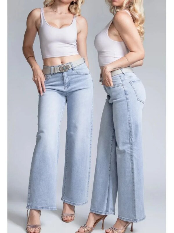 Pantalon Wide Leg de Mezclilla Clara con Cinto para Mujer