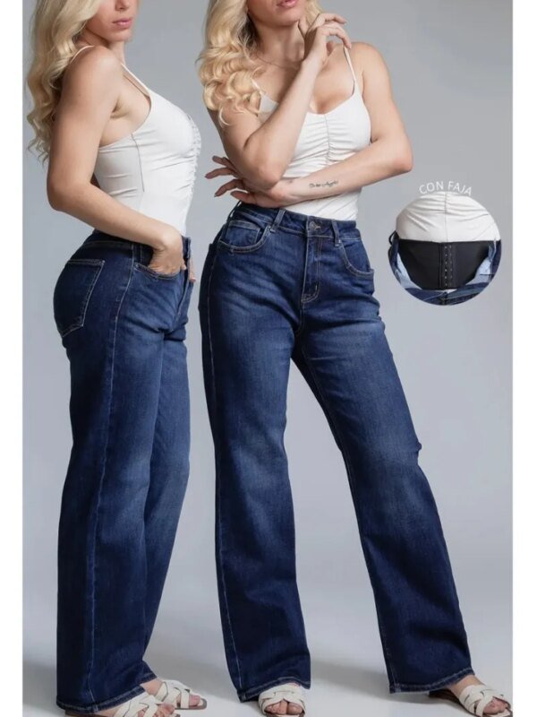 Pantalon Wide Leg Marine con Faja Integrada de Mezclilla para Mujer