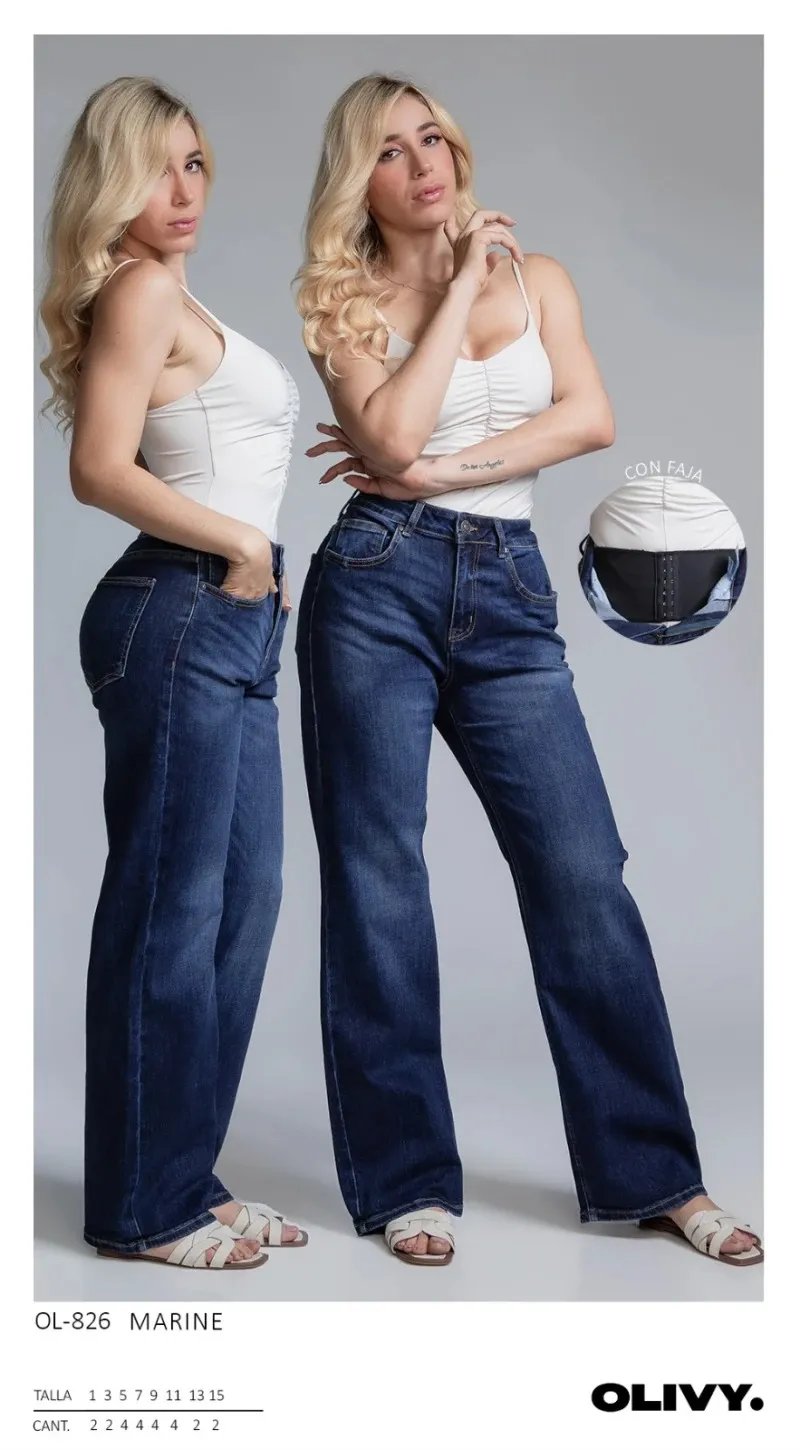 Pantalon Wide Leg Marine con Faja Integrada de Mezclilla para Mujer