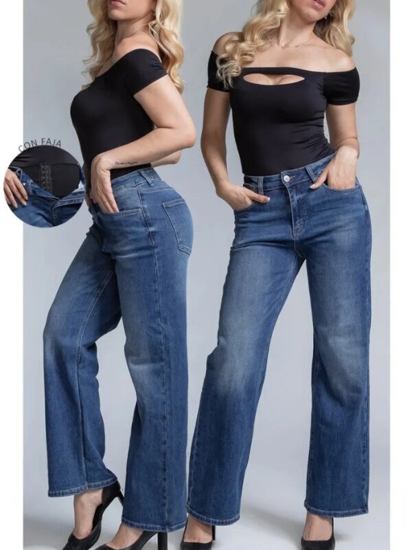 Pantalon Wide Leg de Mezclilla con Faja Integrada para Mujer