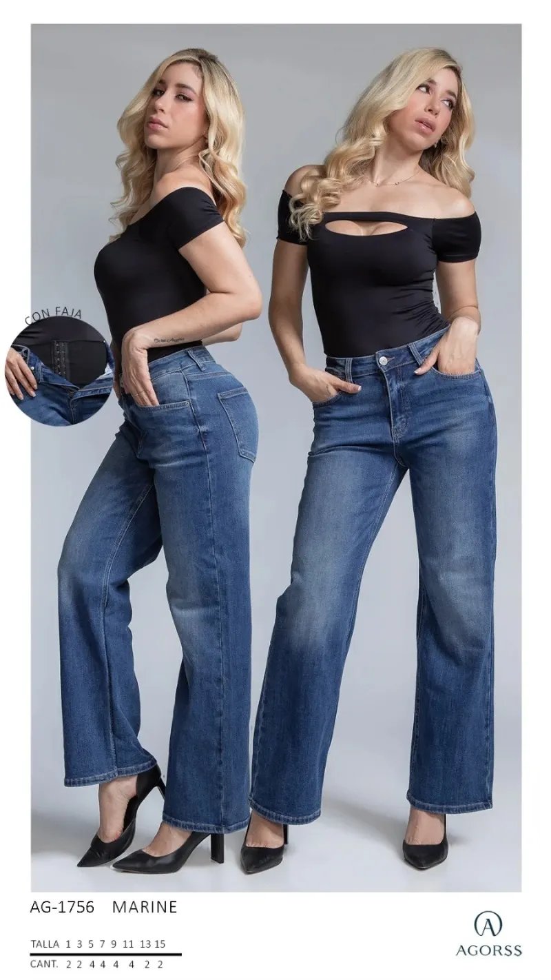 Pantalon Wide Leg de Mezclilla con Faja Integrada para Mujer