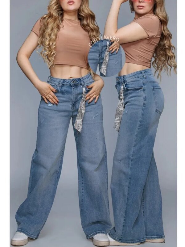 Pantalon Wide Leg de Mezclilla con Pañoleta para Mujer