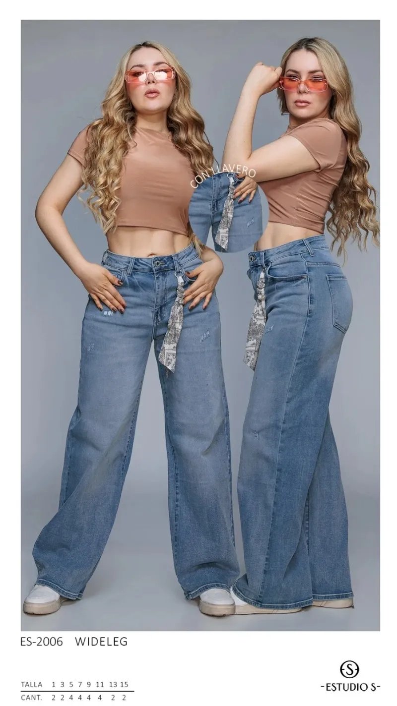 Pantalon Wide Leg de Mezclilla con Pañoleta para Mujer