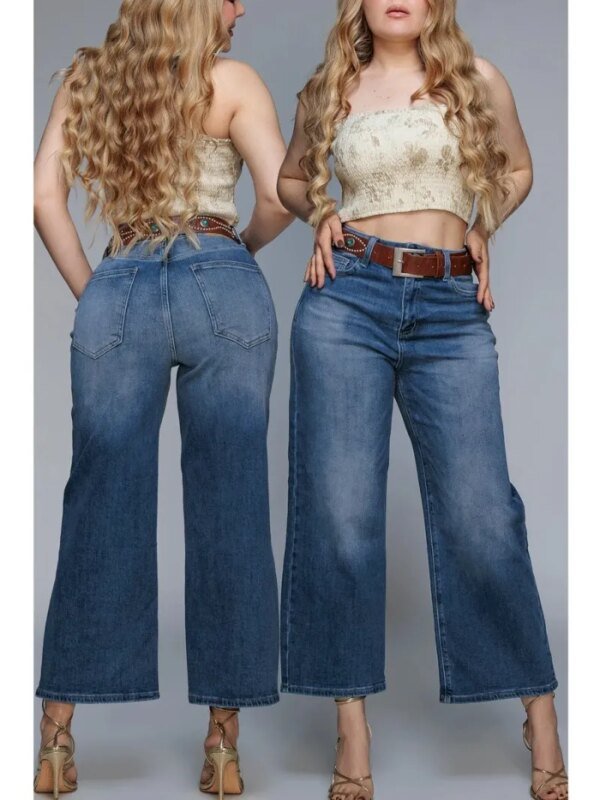 Pantalon Wide Leg de Mezclilla Azul con Cinto para Mujer