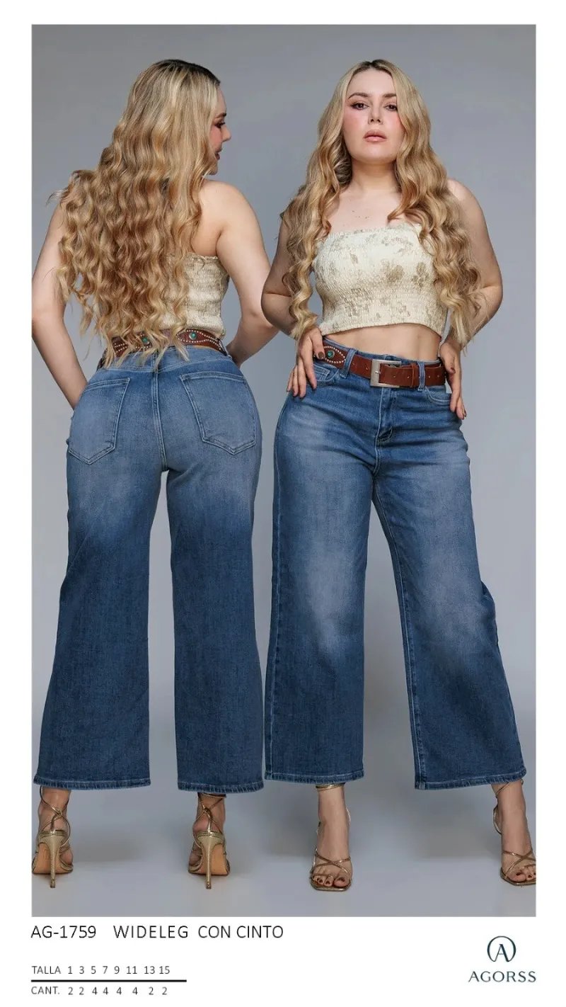 Pantalon Wide Leg de Mezclilla Azul con Cinto para Mujer