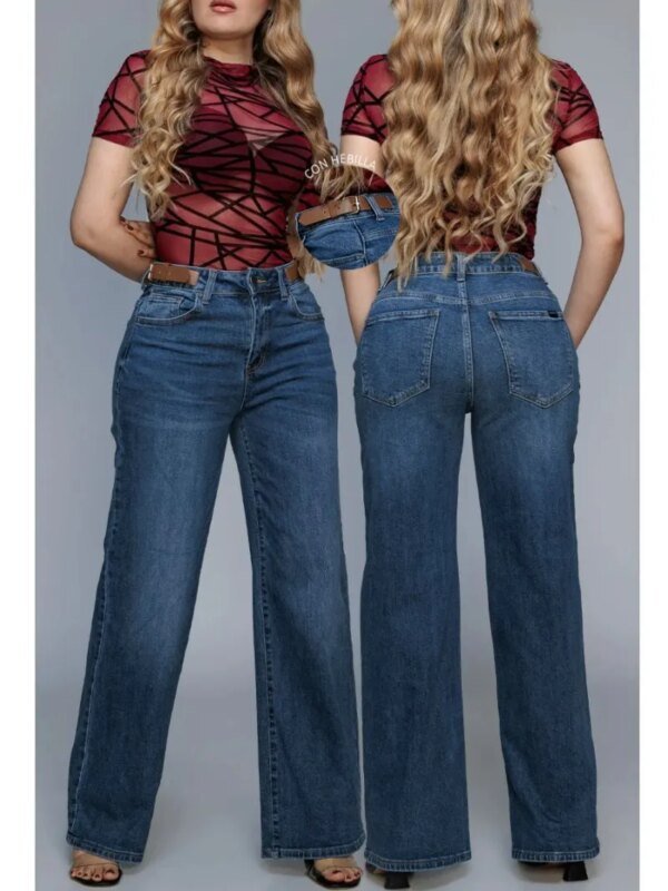 Pantalon Wide Leg de Mezclilla Tiro Alto Estilo Moderno para Mujer