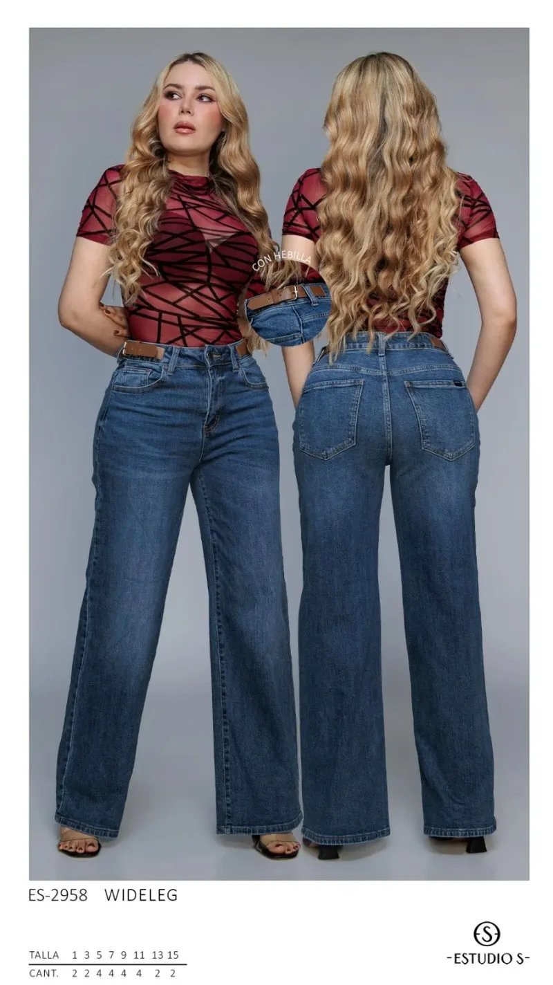 Pantalon Wide Leg de Mezclilla Tiro Alto Estilo Moderno para Mujer