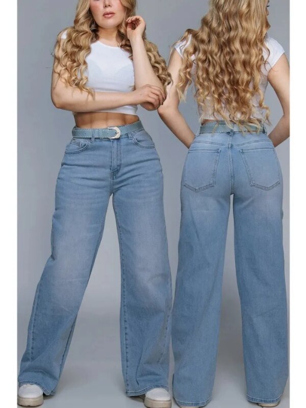 Pantalon Wide Leg de Mezclilla Clara con Cinturon para Mujer