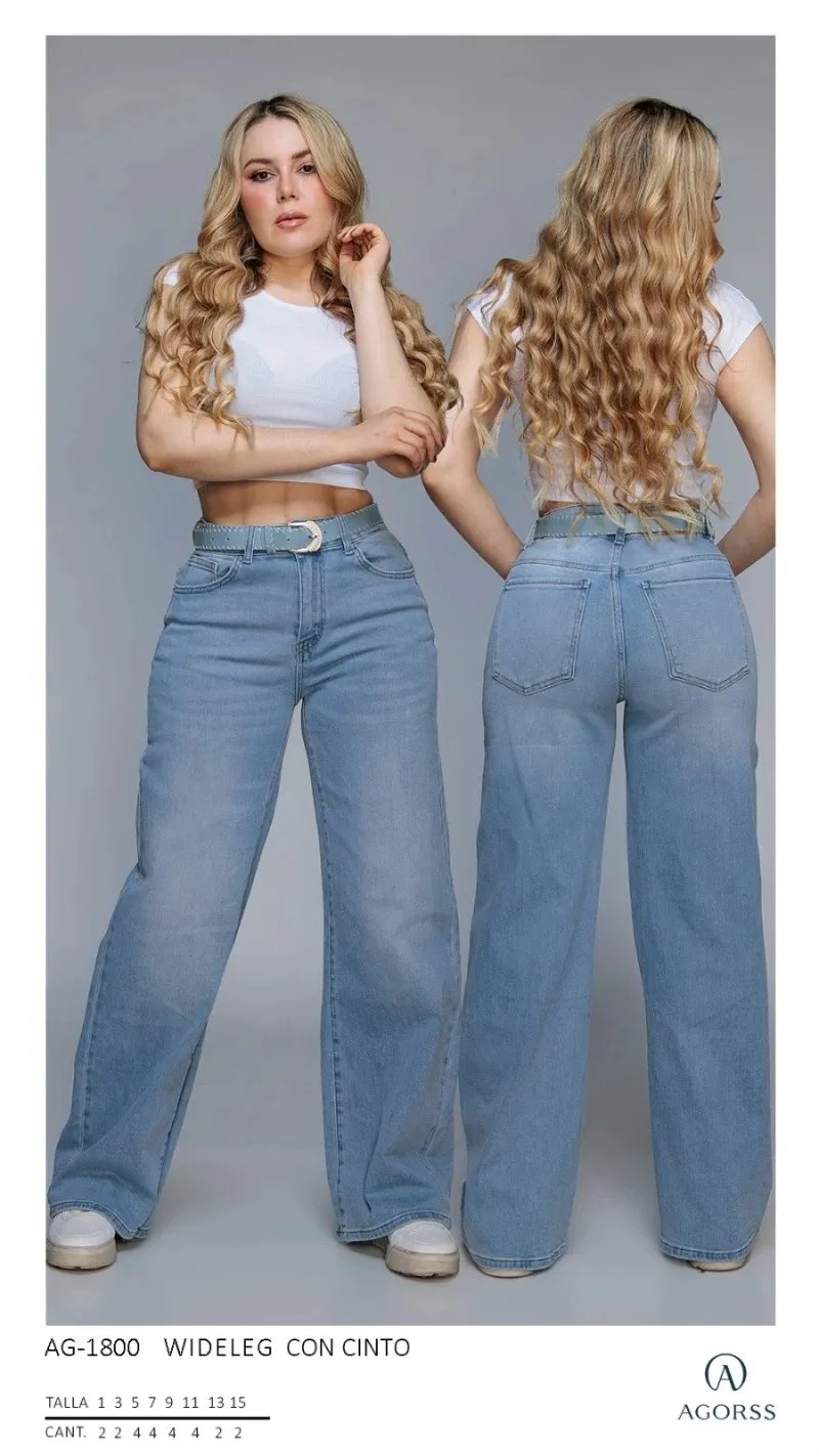 Pantalon Wide Leg de Mezclilla Clara con Cinturon para Mujer