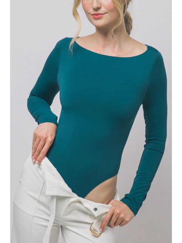 Body Manga Larga Ajustado Escote Bote Teal para Mujer