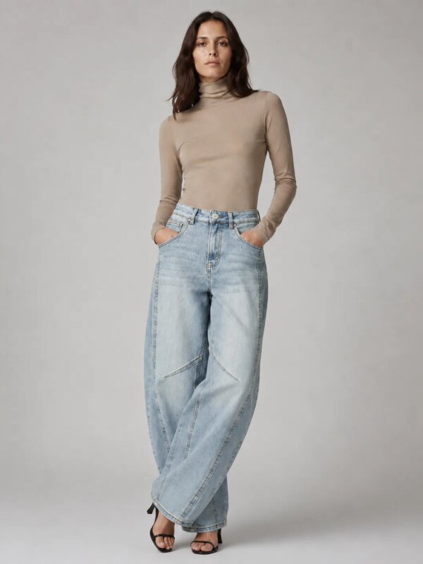 Jeans Barrel Fit de Mezclilla Clara Tiro Alto para Mujer